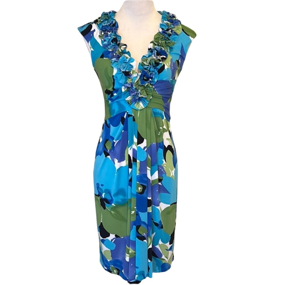Maggy London Blue and Green Plunge Neck Midi Dress